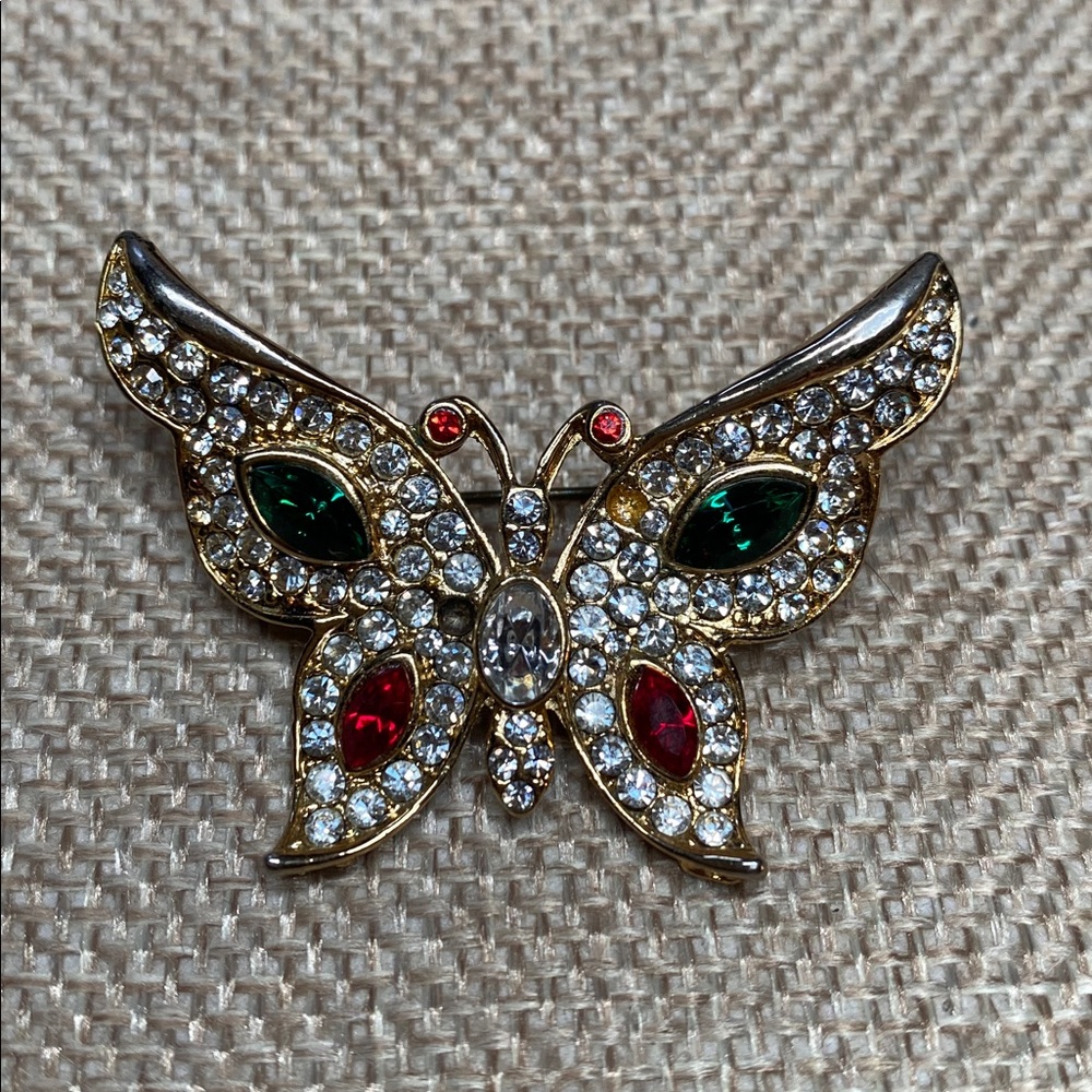 Vintage Gold Butterfly Brooch With Rhinestones and Colored Gems